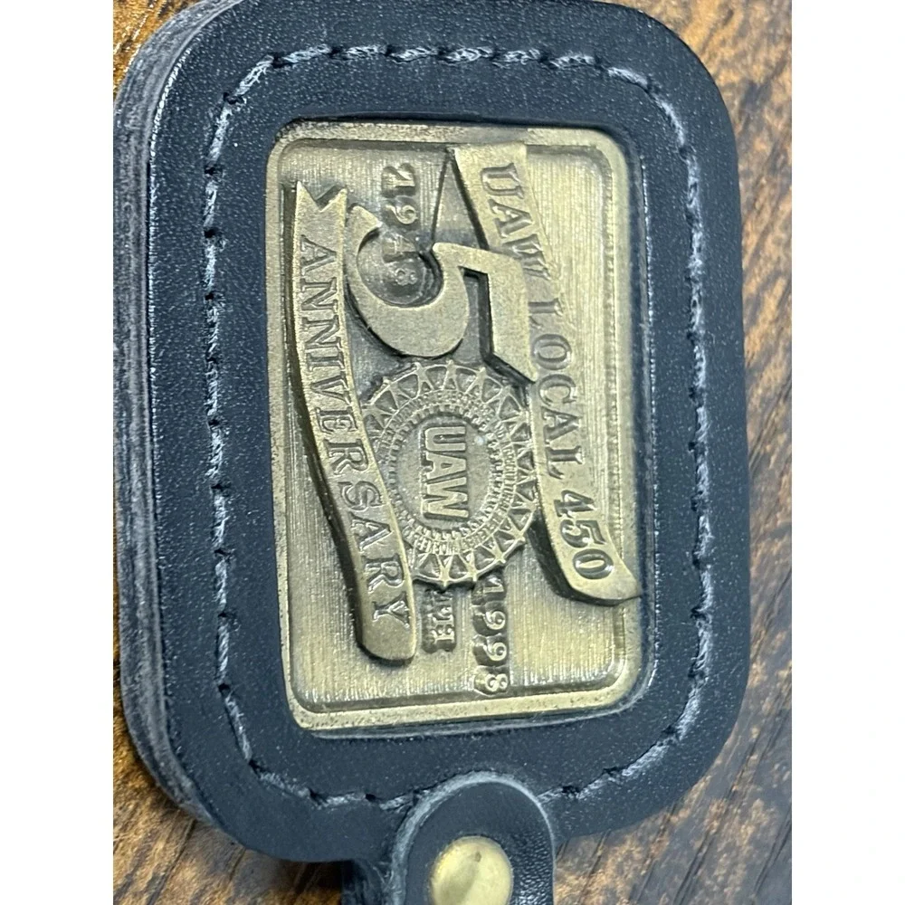 UAW Local 450 Des Moines Iowa Keychain Leather Brass 50th Anniversary Keyring